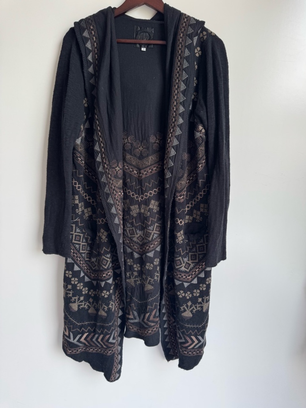 Johnny Was Biya Hoodie Long Duster Cardigan Embroidered cross stitch knit small